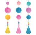 Vector Happy Colorful Birthday Party Pom Poms, Beads, and Tassels Set Of Elements. Great for handmade cards, invitations