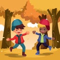 Vector happy cute kid fun and playing with autumn leaves in the garden Royalty Free Stock Photo