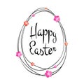 Vector Happy Easter black typographic calligraphic lettering with gold scribble egg frame and colorful paper flowers