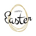 Vector Happy Easter black typographic calligraphic lettering with gold scribble egg frame on white background.