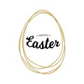 Vector Happy Easter black typographic calligraphic lettering with gold scribble egg frame on white background.