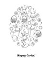 Vector Happy Easter card with outline easter rabbit, egg and basket isolated on white background. Cartoon elements with cute bunny Royalty Free Stock Photo