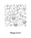 Vector Happy Easter card with outline easter rabbit, egg and basket isolated on white background. Cartoon elements with cute bunny Royalty Free Stock Photo