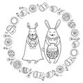 Vector Happy Easter card with outline Easter rabbit pair, egg, cake and basket isolated on white background. Royalty Free Stock Photo
