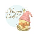 Vector Happy Easter congratulation design with text greeting and easter egg in gnome hat isolated. Royalty Free Stock Photo