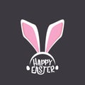 Vector happy easter greeting card with white easter bunny funky mask with rabbit ears and easter text isolated on grey