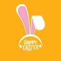 Vector happy easter greeting card with white easter bunny funky mask with rabbit ears and easter text isolated on orange