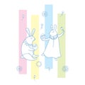 Vector Happy Easter greeting with outline rabbit couple, traditional Easter symbol and stripes in pastel color isolated on white.