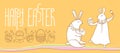 Vector Happy Easter horizontal greeting card with outline Easter rabbit couple and traditional Easter symbol isolated on orange.