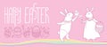 Vector Happy Easter horizontal greeting card with outline Easter rabbit couple and traditional Easter symbol isolated on pink.