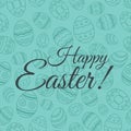 Vector Happy Easter lettering on egg thin line seamless background. Greeting easter card illustration EPS10.