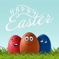 Vector Happy Easter lettering with funny smiling Easter eggs on spring green grass background.