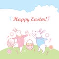 Vector Happy Easter rabbit, egg and basket in pastel colors on the background with green field and cloud sky. Cartoon elements.