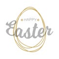 Vector Happy Easter silver gray typographic calligraphic lettering with gold scribble egg frame on white background.