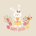 Cute girl rabbit Bunny Happy Easter template with eggs, flowers typographic design banner spring quote