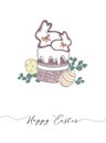 Vector Happy Easter templates with eggs, wreaths, rabbit and typographic design.