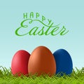 Vector Happy Easter text letterin with Easter eggs on green grass. Template for greeting card, poster, invitation.