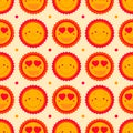 Vector happy emoticons seamless pattern background with suns. Summer fun background, repeating pattern design. Cute sun icons set Royalty Free Stock Photo