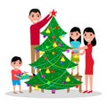 Vector happy family decorates Christmas tree Royalty Free Stock Photo