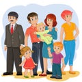 Vector happy family - grandfather, grandmother, dad, mom, daughter, son and baby