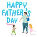 Vector of happy father`s day greeting card. father holding a child in his arm with two kids playing around. happy big family Royalty Free Stock Photo