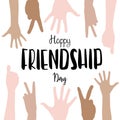 Vector happy friendship day lettering with children hands background