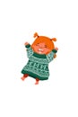 Vector happy girl in green tacky ugly sweater celebrates Christmas holiday. Royalty Free Stock Photo