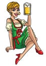 Happy girl of oktoberfest wearing drindl and presenting the beer