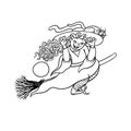 Vector happy girl witch on broom with cat. Children party Halloween. Charmer in pointed hat flying and build faces Royalty Free Stock Photo