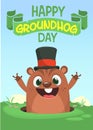 Vector Happy Groundhog day card with cute brown groundhog or marmot or woodchuck isolated Royalty Free Stock Photo