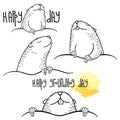 Vector Happy Groundhog day set with outline cute groundhog or marmot or woodchuck in black isolated on white background.