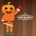 Vector Happy halloween creative hipster party background. man in halloween costume with carved pumpkin head