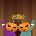 Vector Happy halloween creative hipster party background. man in halloween costume with carved pumpkin head