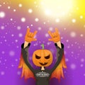 Vector Happy halloween hipster party background. man in halloween costume with carved pumpkin head on violet layout with