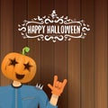 Vector Happy halloween creative hipster party background. man in halloween costume with carved pumpkin head