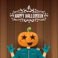 Vector Happy halloween creative hipster party background. man in halloween costume with carved pumpkin head