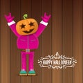 Vector Happy halloween creative hipster party background. man in halloween costume with carved pumpkin head