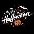 Vector Happy Halloween dark background with orange pumpkin and blood stains, white grungy hand drawn lettering Happy Royalty Free Stock Photo