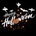 Vector Happy Halloween dark background with orange pumpkin and blood stains, white hand drawn lettering Happy Halloween Royalty Free Stock Photo