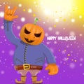 Vector Happy halloween hipster party background. man in halloween costume with carved pumpkin head on violet layout with