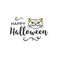 Vector Happy Halloween Inscription, Trendy Halloween lettering and icon witch cat. White background, Vector flat