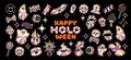 Vector Happy Halloween y2k holographic stickers set. Cool bold retro characters: ghost, pumpkin, spider, skull, eye, bat. Funky Royalty Free Stock Photo