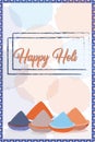 Vector of Happy Holi greeting card. ultra violet, flame, baby blue, pale dogwood, atomic tangerine colors kept in bowl ,coral Royalty Free Stock Photo