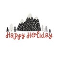 Vector happy holidays, mountains and forest, postcard template background