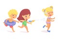 Vector happy kid enjoy fun on summer. Little boy and girl friend shooting from toy water gun, running, laughing Royalty Free Stock Photo
