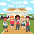 Vector Happy kids on school building background