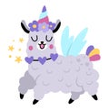 Vector happy llama unicorn. Fantasy animal with rainbow horn and tail, flowers on head, wings, stars. Fairytale character for kids