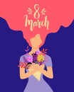 Vector Happy 8 March illustration with beautiful woman holding bouquet of flowers. Trendy International Women`s Day greeting card Royalty Free Stock Photo