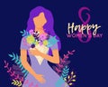 Vector Happy 8 March illustration with beautiful woman holding bouquet of flowers. Trendy International Women`s Day greeting card Royalty Free Stock Photo