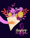 Vector Happy 8 March illustration with hands holding bouquet of flowers. Trendy International Women`s Day greeting card, poster Royalty Free Stock Photo